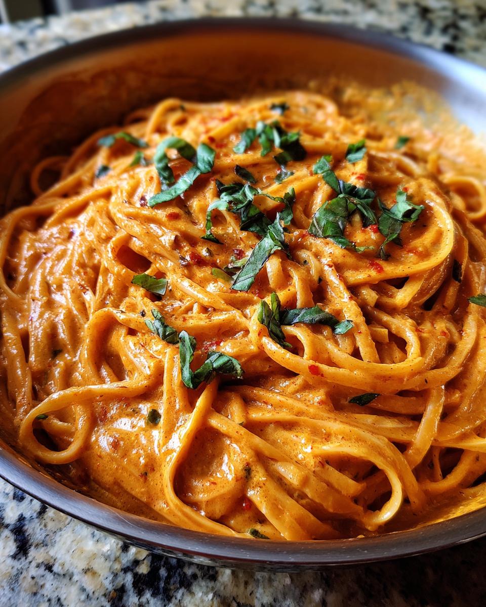 Close-up of a bowl of spicy one-pan pasta coated in a creamy orange sauce and garnished with fresh basil.
