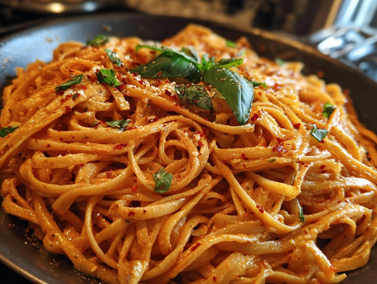 Close-up of a serving of Spicy One-Pan Pasta coated in a creamy orange sauce, garnished with basil and red pepper flakes.