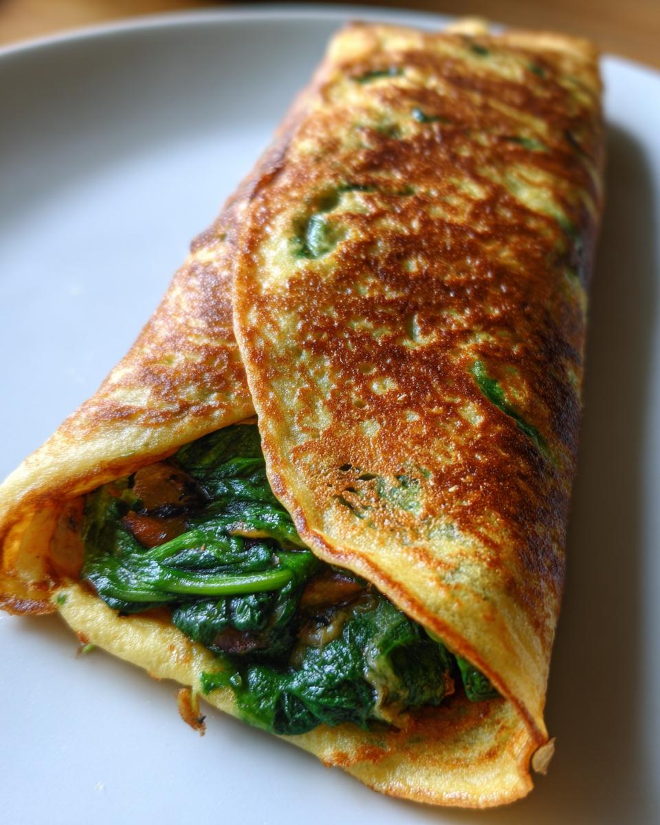 Close-up of a spinach black bean wrap filled with sautéed spinach and mushrooms, folded in half.