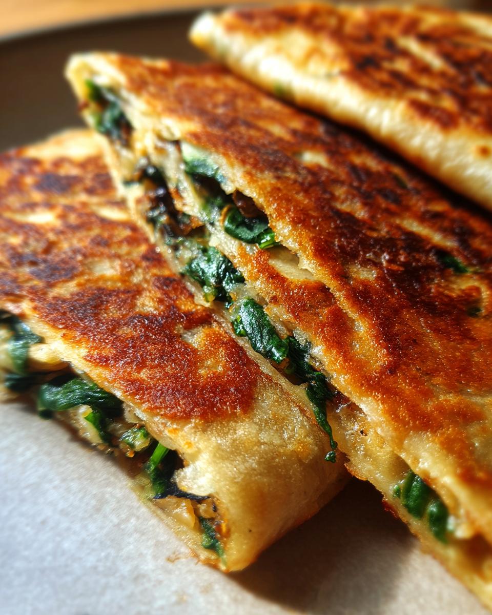 Close-up of golden-brown spinach black bean wraps, sliced to reveal the filling.