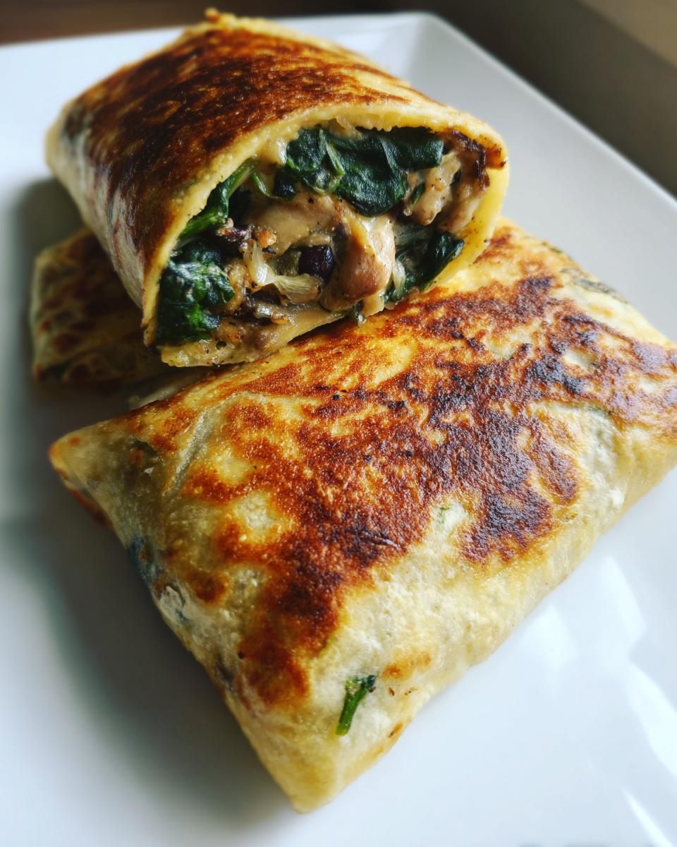 A close-up view of two golden-brown spinach black bean wraps on a white plate, one cut in half to show the filling.