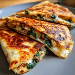 Close-up of golden-brown spinach black bean wraps, cut in half, revealing a cheesy spinach filling.