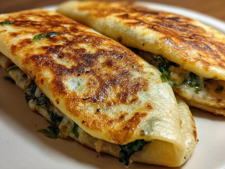 Two golden-brown spinach black bean wraps filled with melted cheese and spinach, served on a white plate.