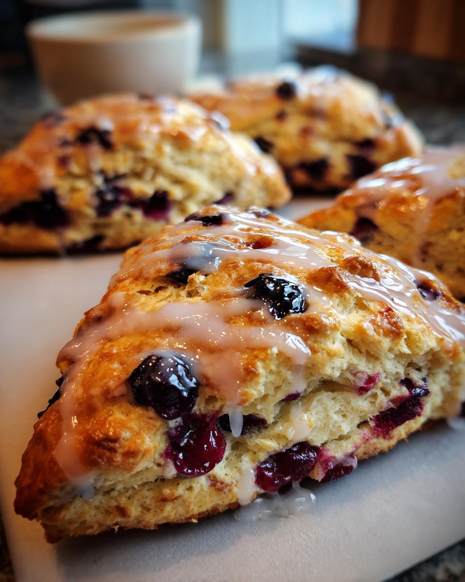 Close-up of a Starbucks blueberry scone with a shiny glaze and bursting blueberries.