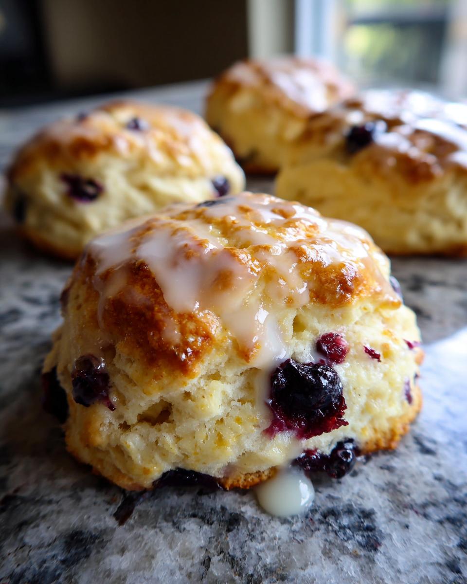 Close-up of a Starbucks blueberry scone with a drizzle of white glaze and visible blueberries.