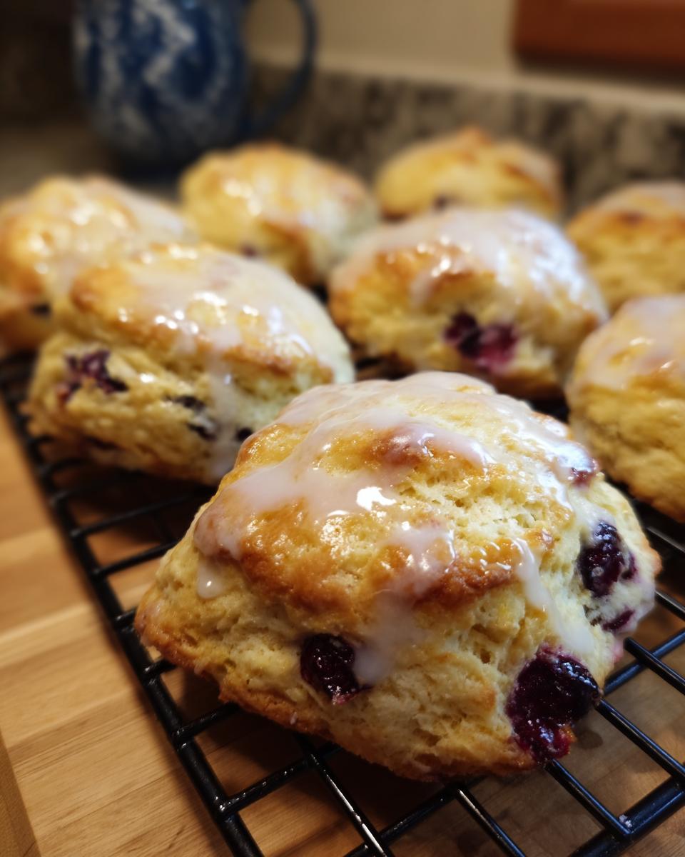 Close-up of Starbucks blueberry scones with a white glaze, showing plump blueberries.