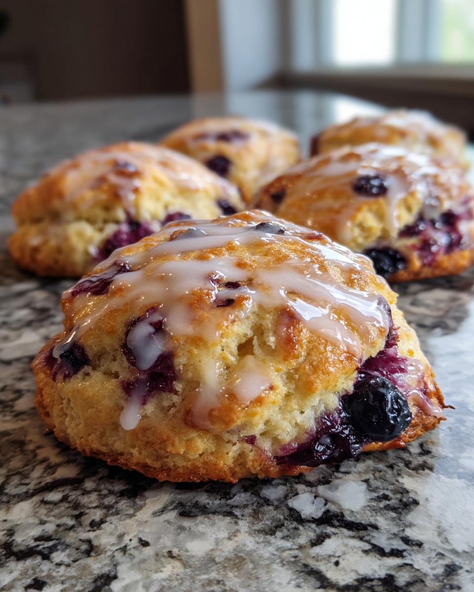 Close-up of a Starbucks blueberry scone with a drizzle of white glaze and visible blueberries.