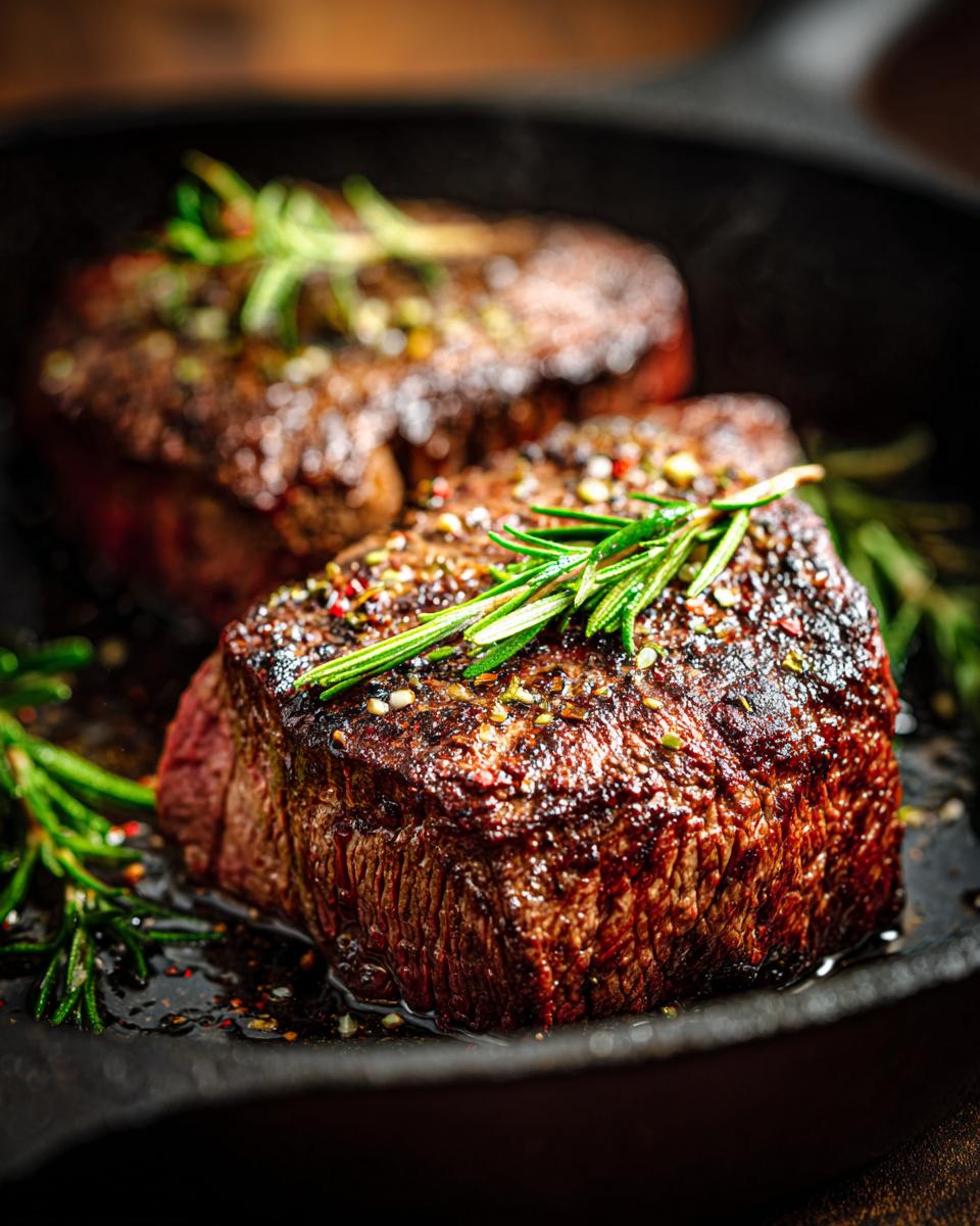 Two juicy steaks seasoned with pepper and herbs, cooked in a cast iron skillet with rosemary.