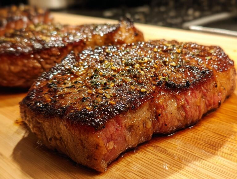 Close-up of two perfectly cooked steaks with a flavorful steak marinade, seasoned with herbs and spices.