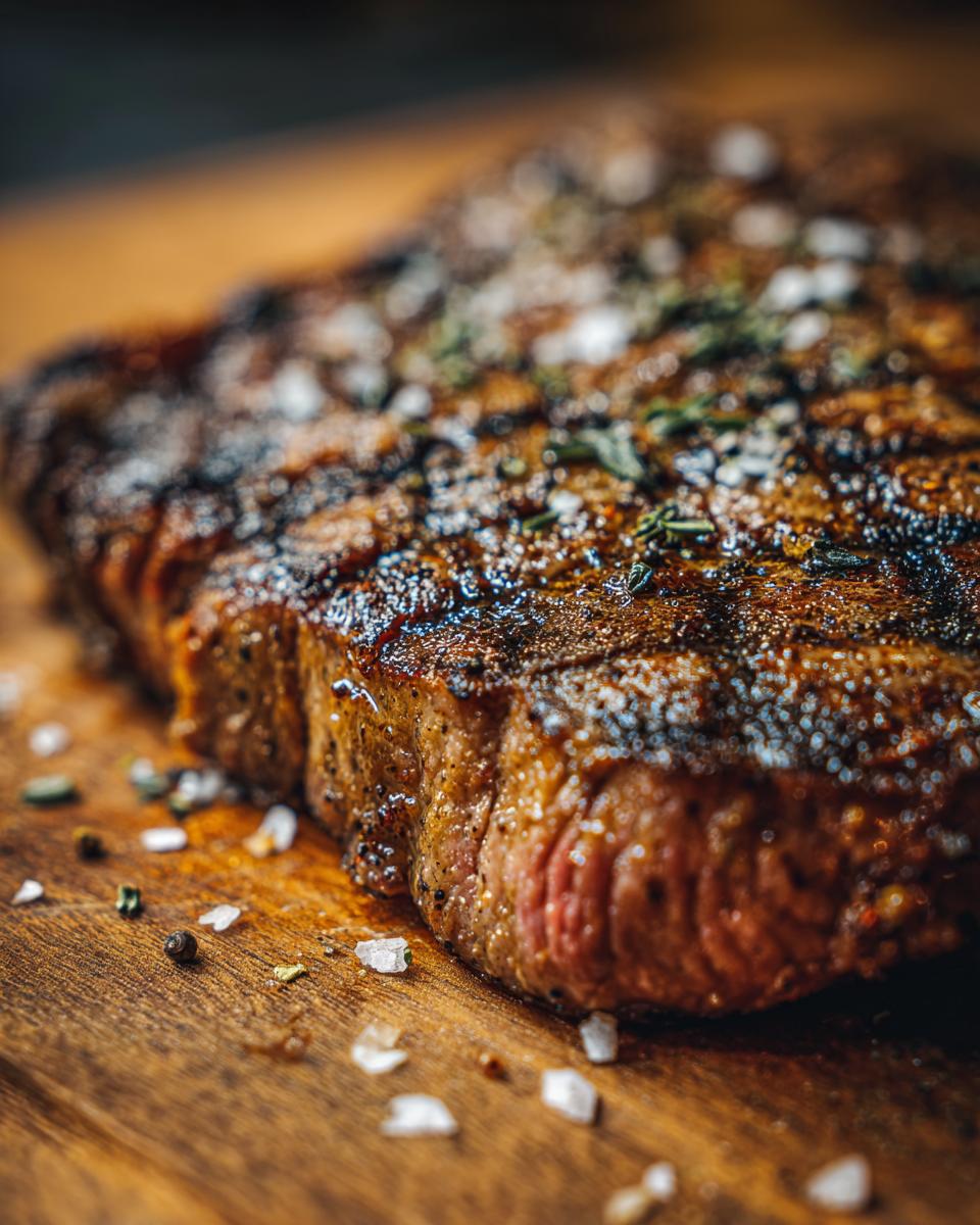 Close-up of a perfectly grilled steak seasoned with salt and pepper, showcasing the results of an amazing steak marinade.