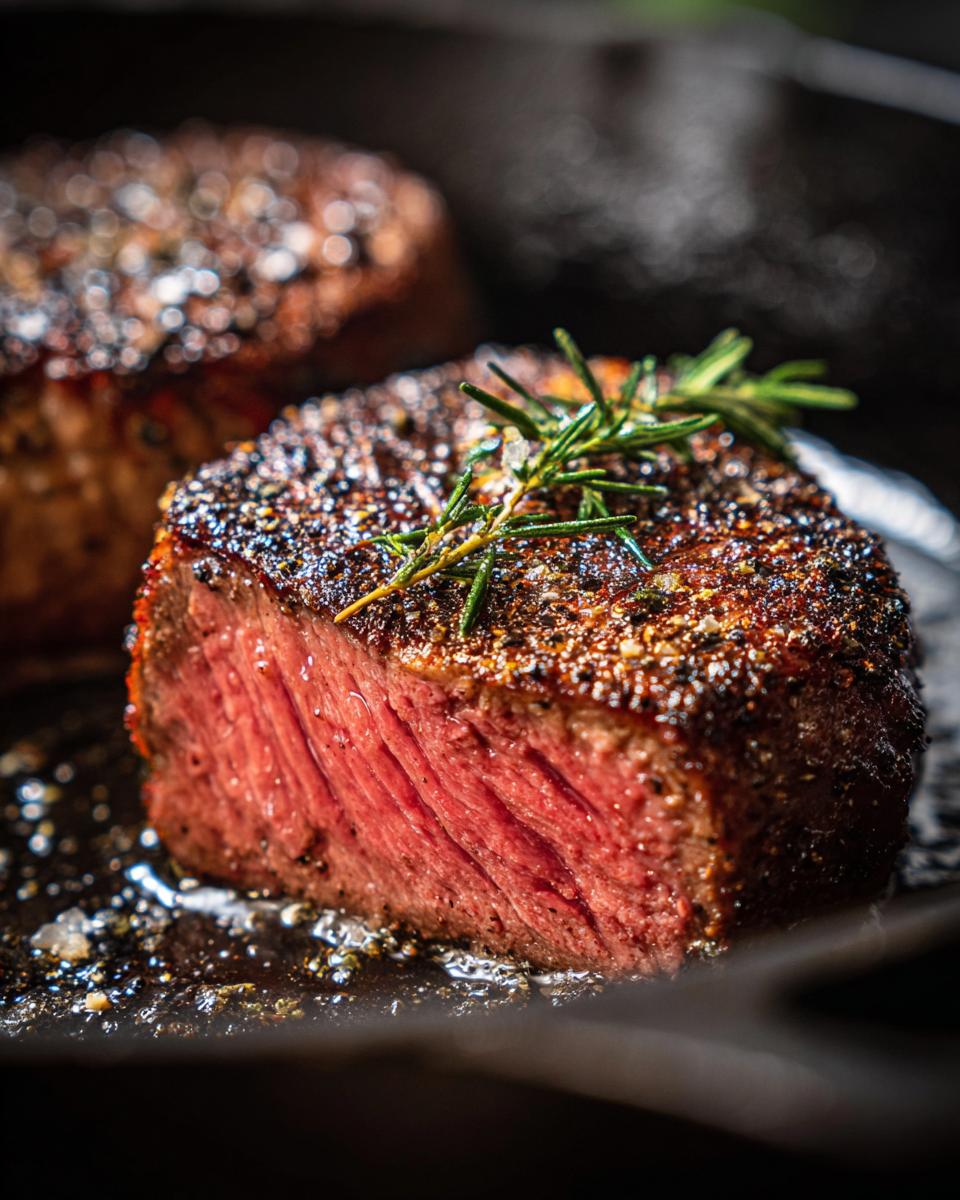 Close-up of a perfectly cooked steak with a flavorful steak marinade, seasoned with herbs and spices.