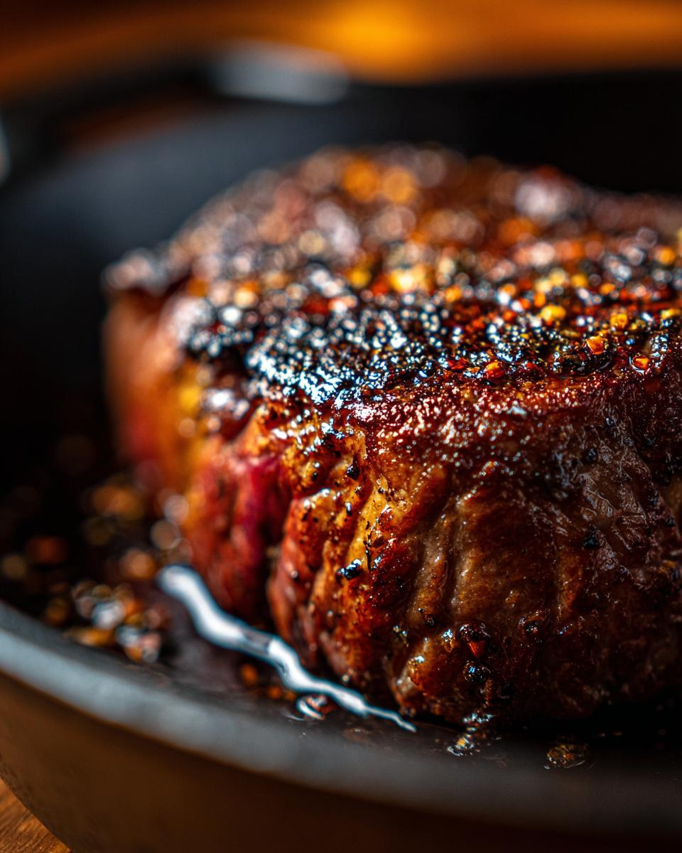 Close-up of a perfectly seared steak with a flavorful steak marinade, seasoned with spices.