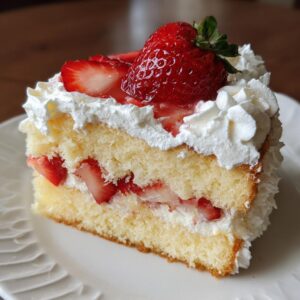 A slice of strawberry tres leches cake with fresh strawberries and whipped cream.