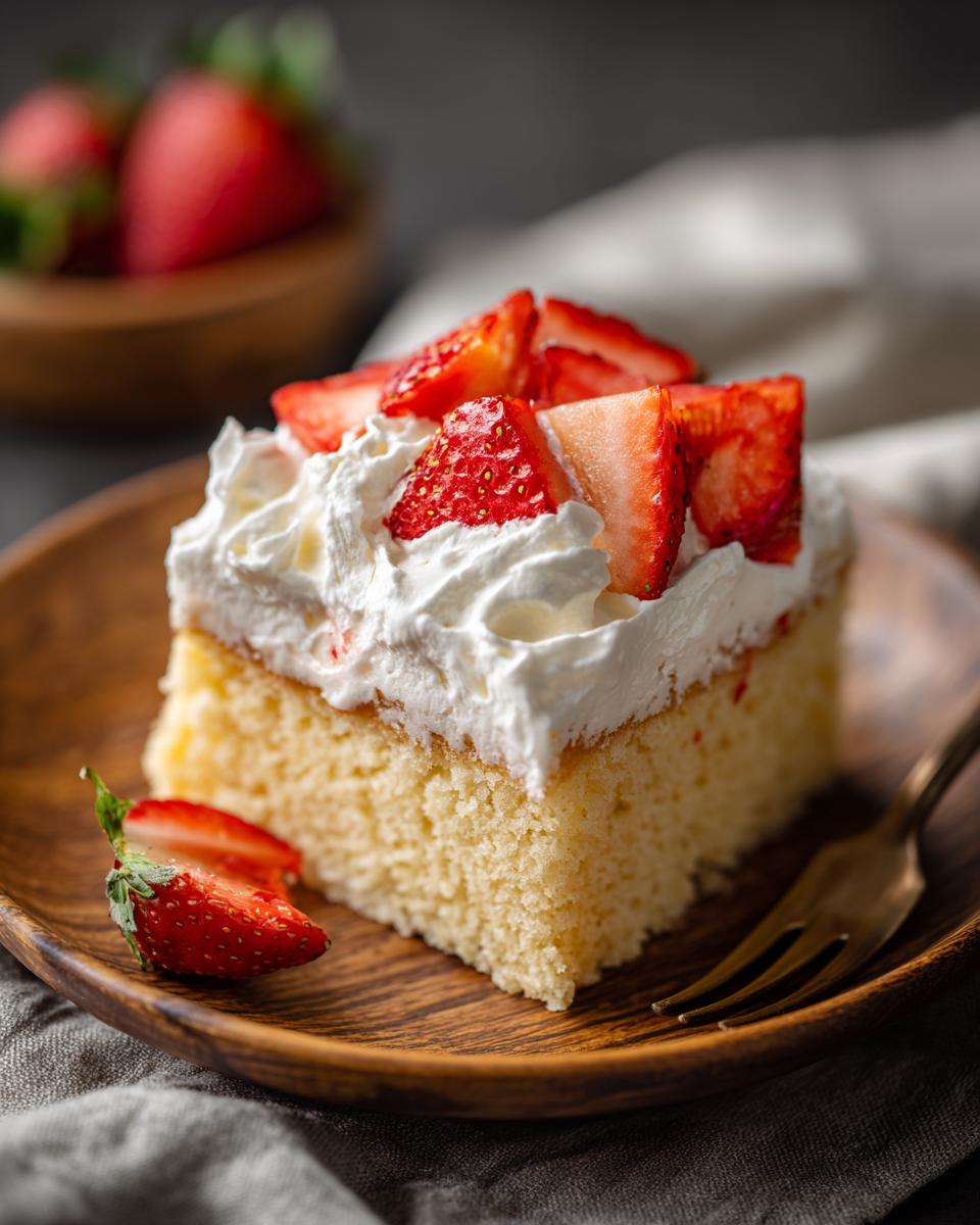 A slice of strawberry tres leches cake topped with whipped cream and fresh strawberries on a wooden plate.