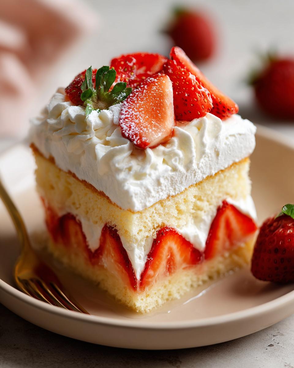 A slice of moist strawberry tres leches cake topped with whipped cream and fresh strawberries.