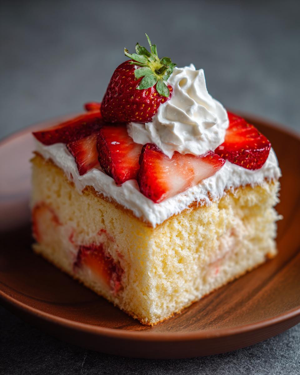 A slice of strawberry tres leches cake topped with whipped cream and fresh strawberries.