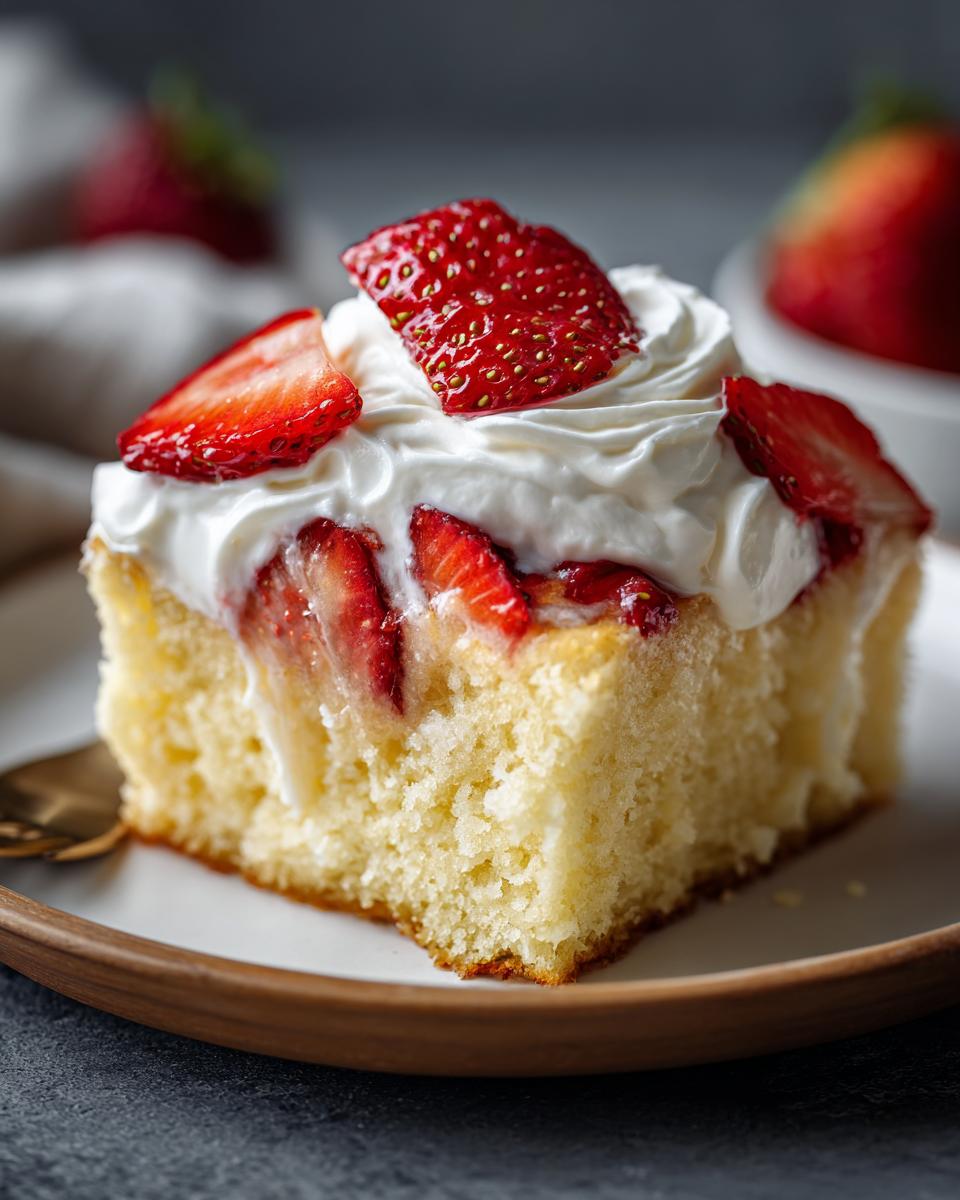 A close-up of a slice of strawberry tres leches cake topped with whipped cream and fresh strawberries.