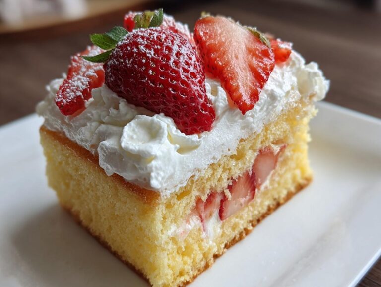A slice of strawberry tres leches cake topped with whipped cream and fresh strawberries, dusted with powdered sugar.