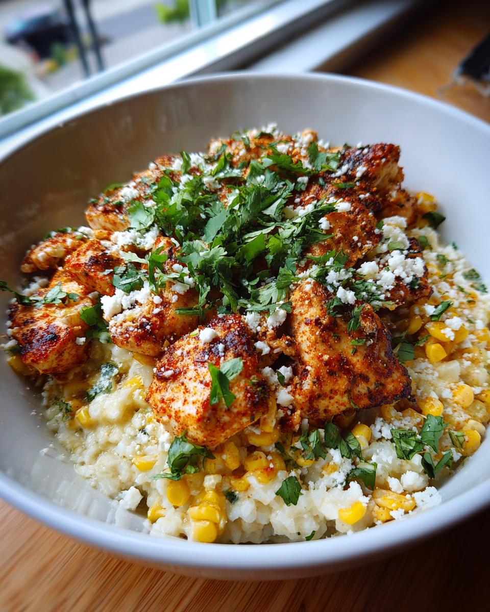 Close-up of a street corn chicken bowl, featuring seasoned chicken pieces over rice and corn, topped with crumbled cheese and cilantro.