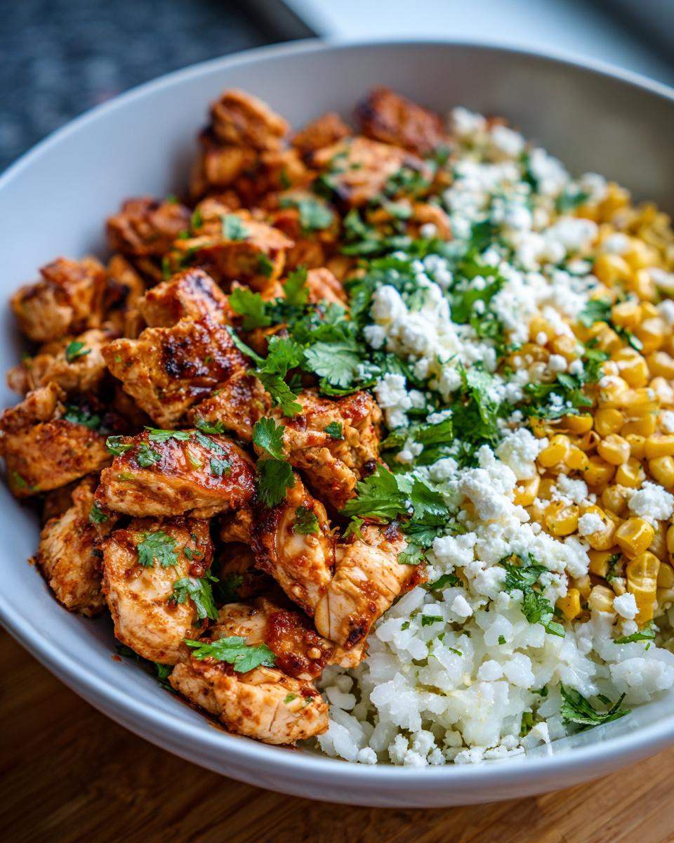 A close-up of a street corn chicken bowl featuring seasoned chicken, corn, crumbled cheese, and cilantro.