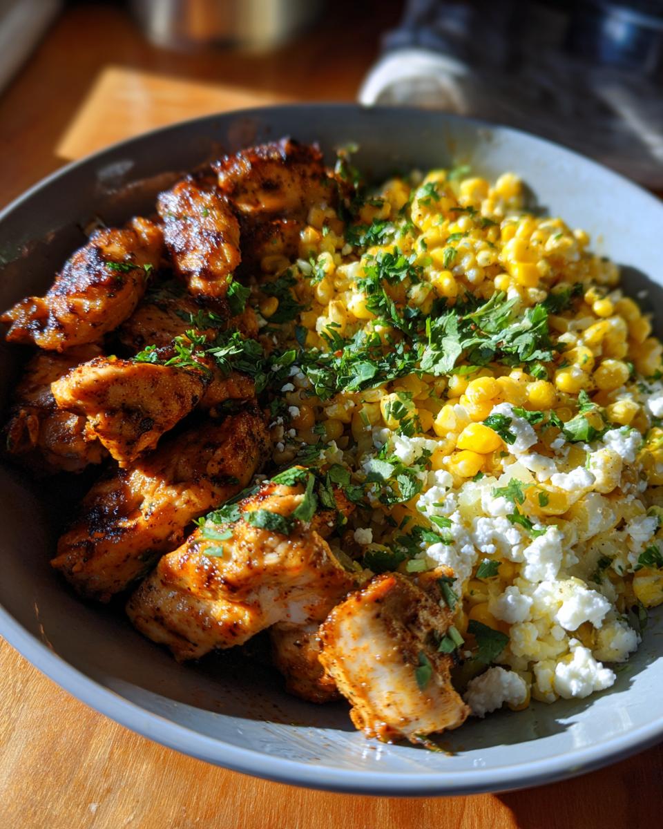 A close-up of a street corn chicken bowl featuring grilled chicken pieces, corn, crumbled feta cheese, and chopped cilantro.
