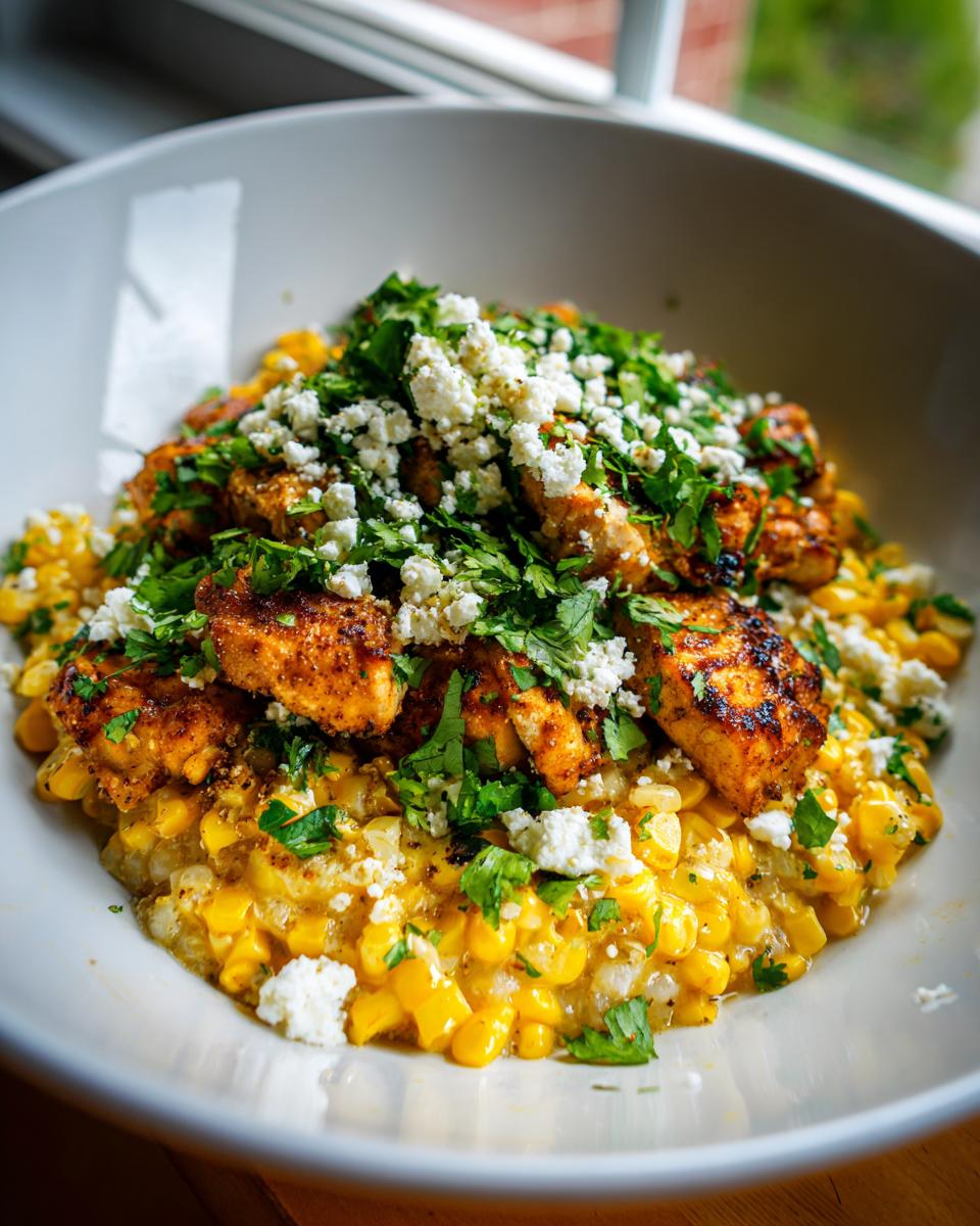 A close-up of a street corn chicken bowl topped with crumbled feta cheese and fresh cilantro.