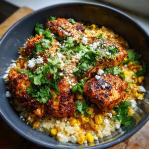 A close-up of a street corn chicken bowl featuring seasoned chicken, corn, cilantro, and crumbled cheese.