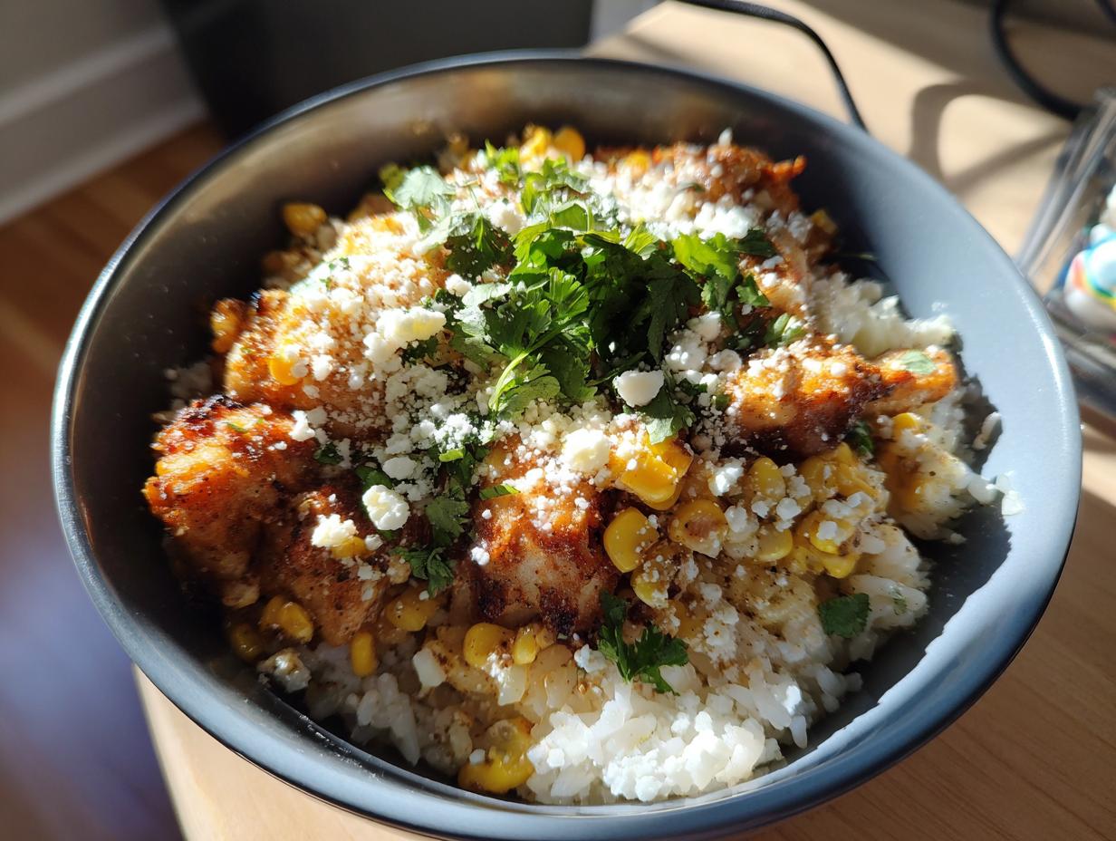 A close-up of a street corn chicken bowl with rice, seasoned chicken, corn, crumbled cheese, and cilantro.