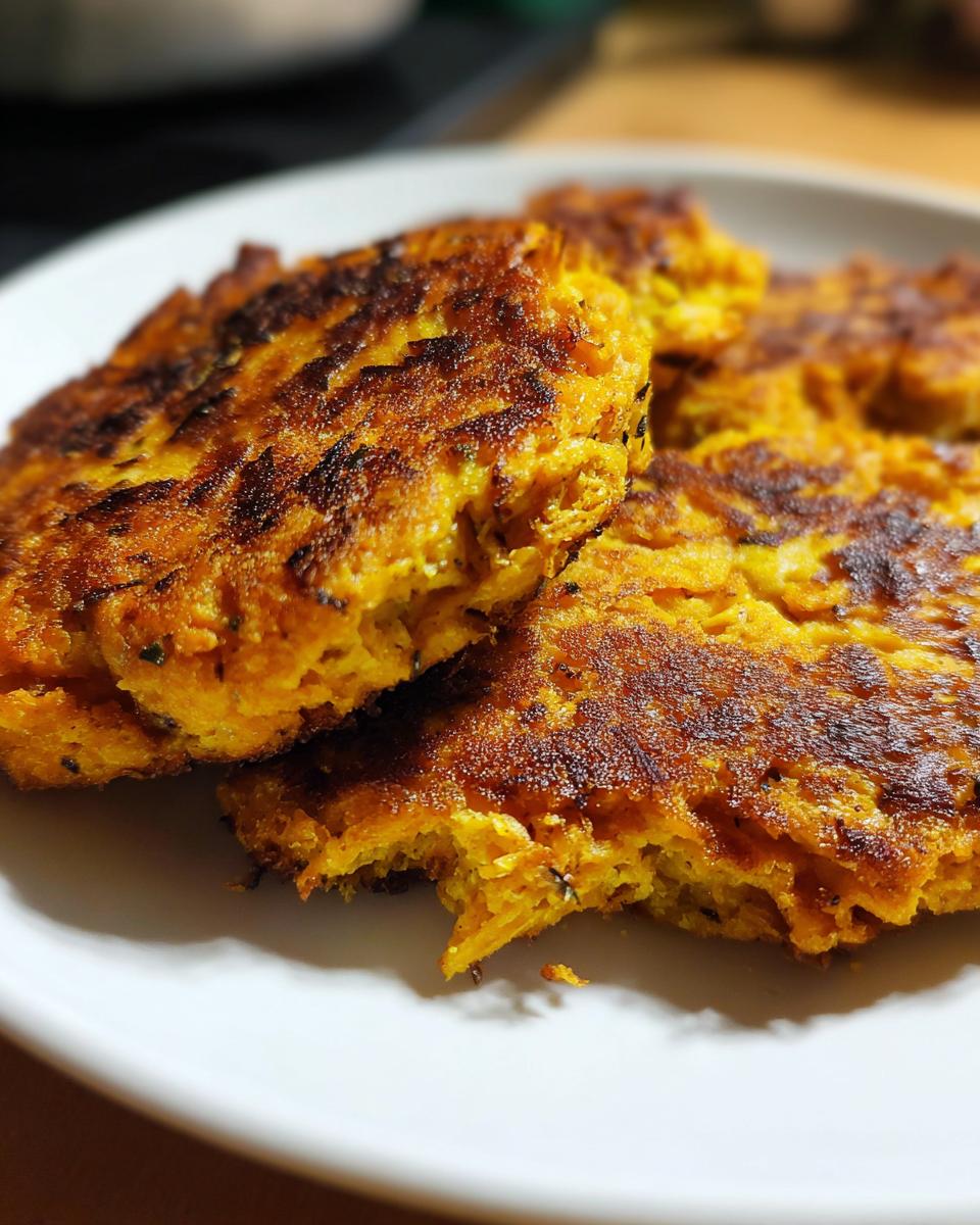 Close-up of golden-brown sweet potato patties with visible herbs on a white plate.