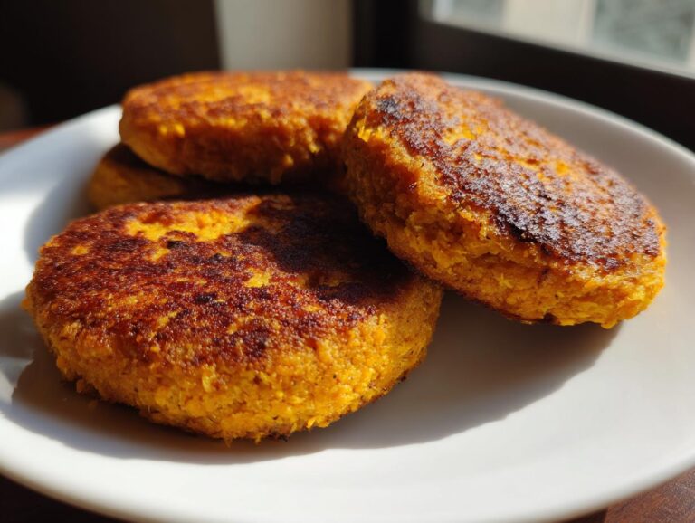 Close-up of golden-brown sweet potato patties stacked on a white plate, ready to be served.