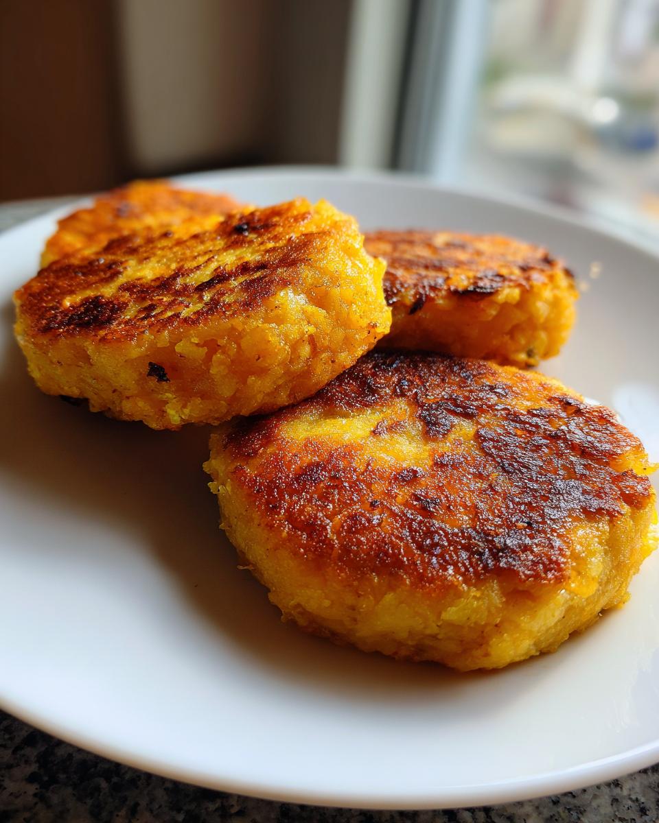 Close-up of three golden-brown sweet potato patties on a white plate, showcasing their crispy texture.