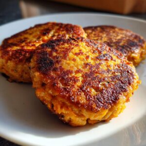 Three golden-brown sweet potato patties stacked on a white plate, showcasing their crispy texture.