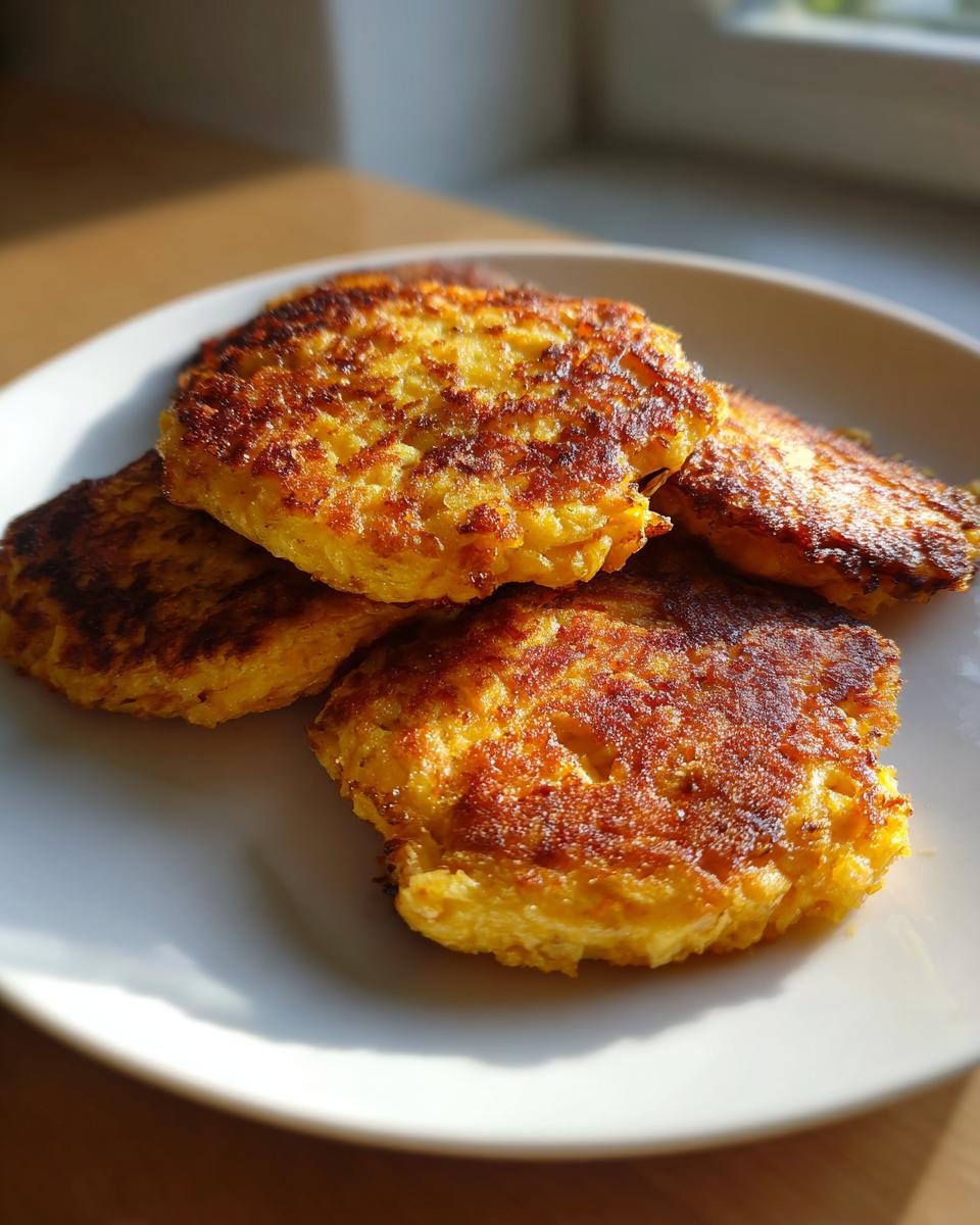 A close-up of four golden-brown sweet potato patties stacked on a white plate.