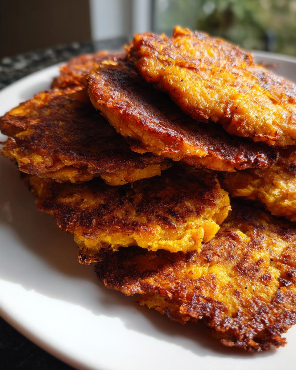 A close-up shot of a stack of golden-brown sweet potato patties on a white plate.
