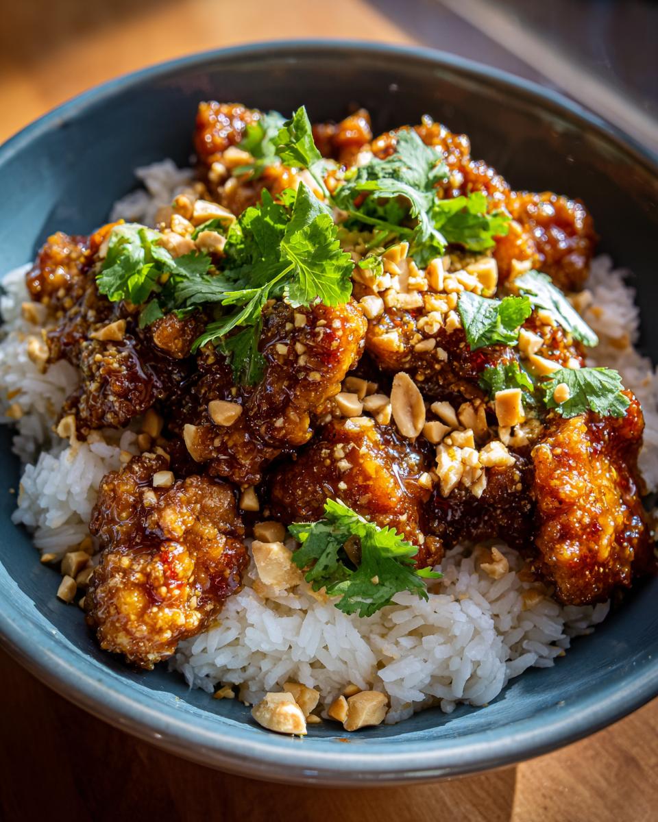 A close-up of a bowl of Thai peanut chicken served over white rice, garnished with chopped peanuts and cilantro.