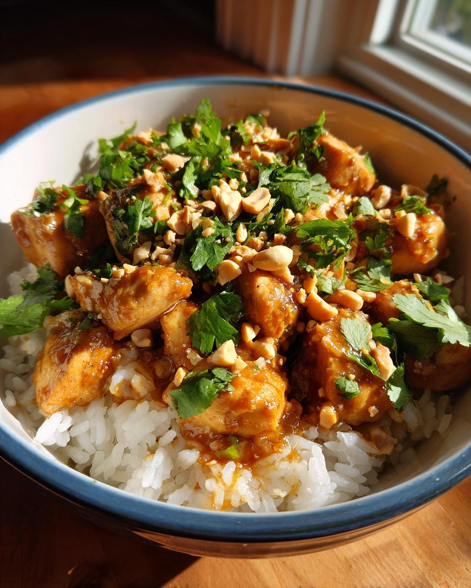 A bowl of fluffy white rice topped with succulent Thai peanut chicken, garnished with chopped peanuts and fresh cilantro.