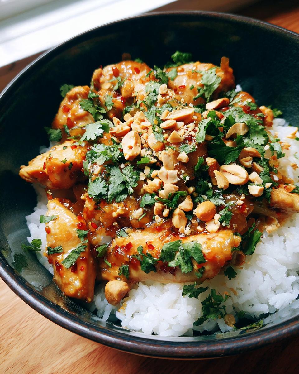 A close-up of Thai peanut chicken served over fluffy white rice, garnished with chopped peanuts and fresh cilantro.