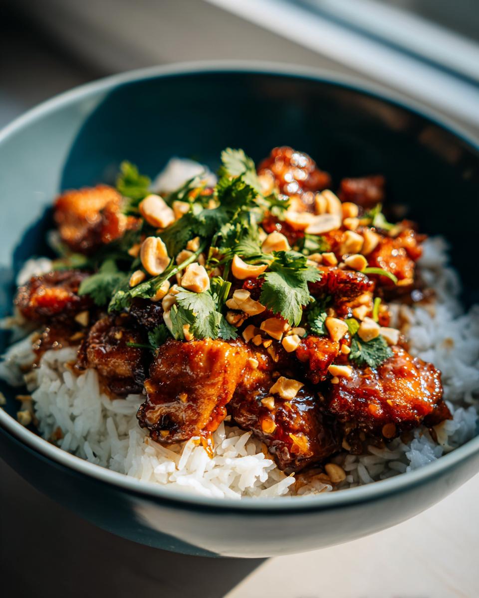 A close-up of Thai peanut chicken served over fluffy white rice, garnished with cilantro and chopped peanuts.