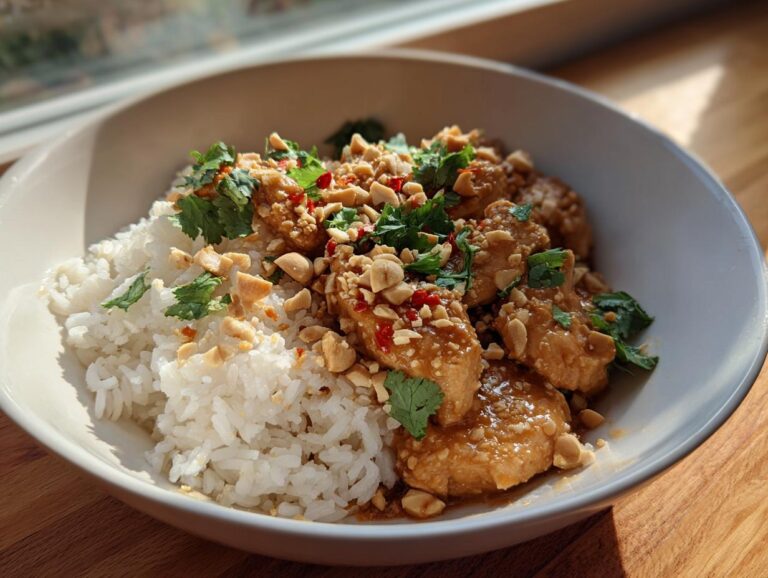 A bowl of fluffy white rice topped with succulent Thai peanut chicken, garnished with chopped peanuts, cilantro, and chili flakes.