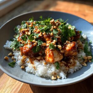 A close-up of Thai peanut chicken served over fluffy white rice, garnished with fresh cilantro and chopped peanuts.