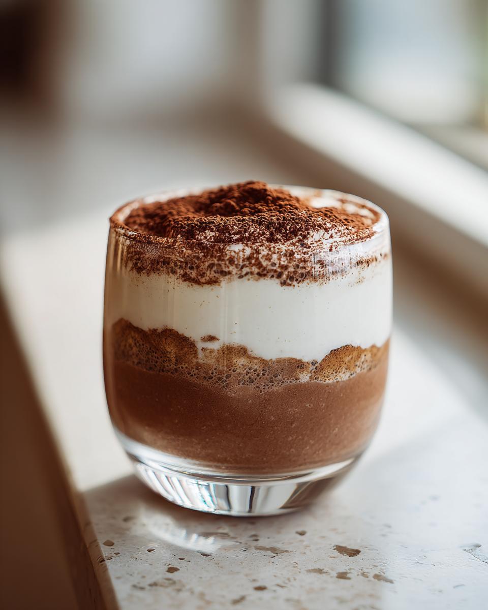A glass of Tiramisu Chia Pudding topped with cocoa powder, showing layers of creamy white and chocolate pudding.