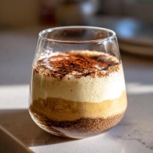 A close-up of Tiramisu chia pudding layered in a glass, topped with cocoa powder.