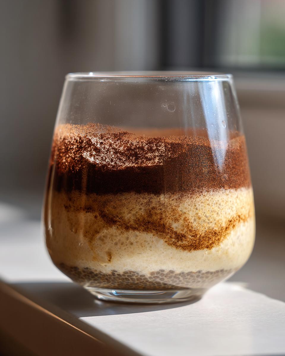 A close-up of Tiramisu Chia Pudding layered in a glass, topped with cocoa powder.