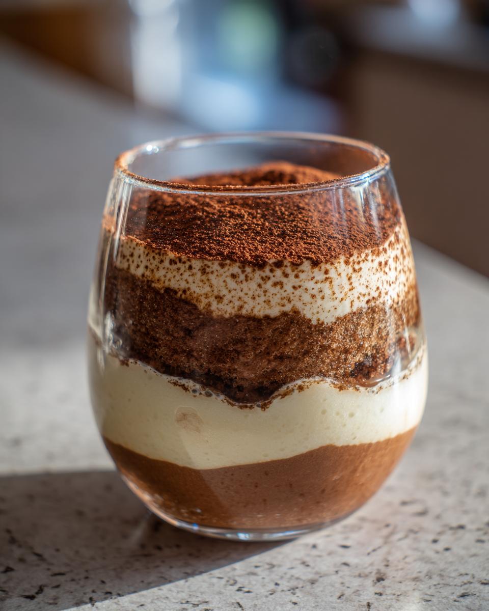 A glass of Tiramisu Chia Pudding layered with chocolate and cream, topped with cocoa powder.