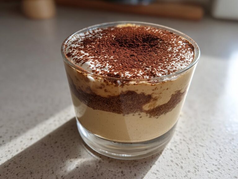 A close-up of a glass filled with Tiramisu Chia Pudding, topped with cocoa powder.