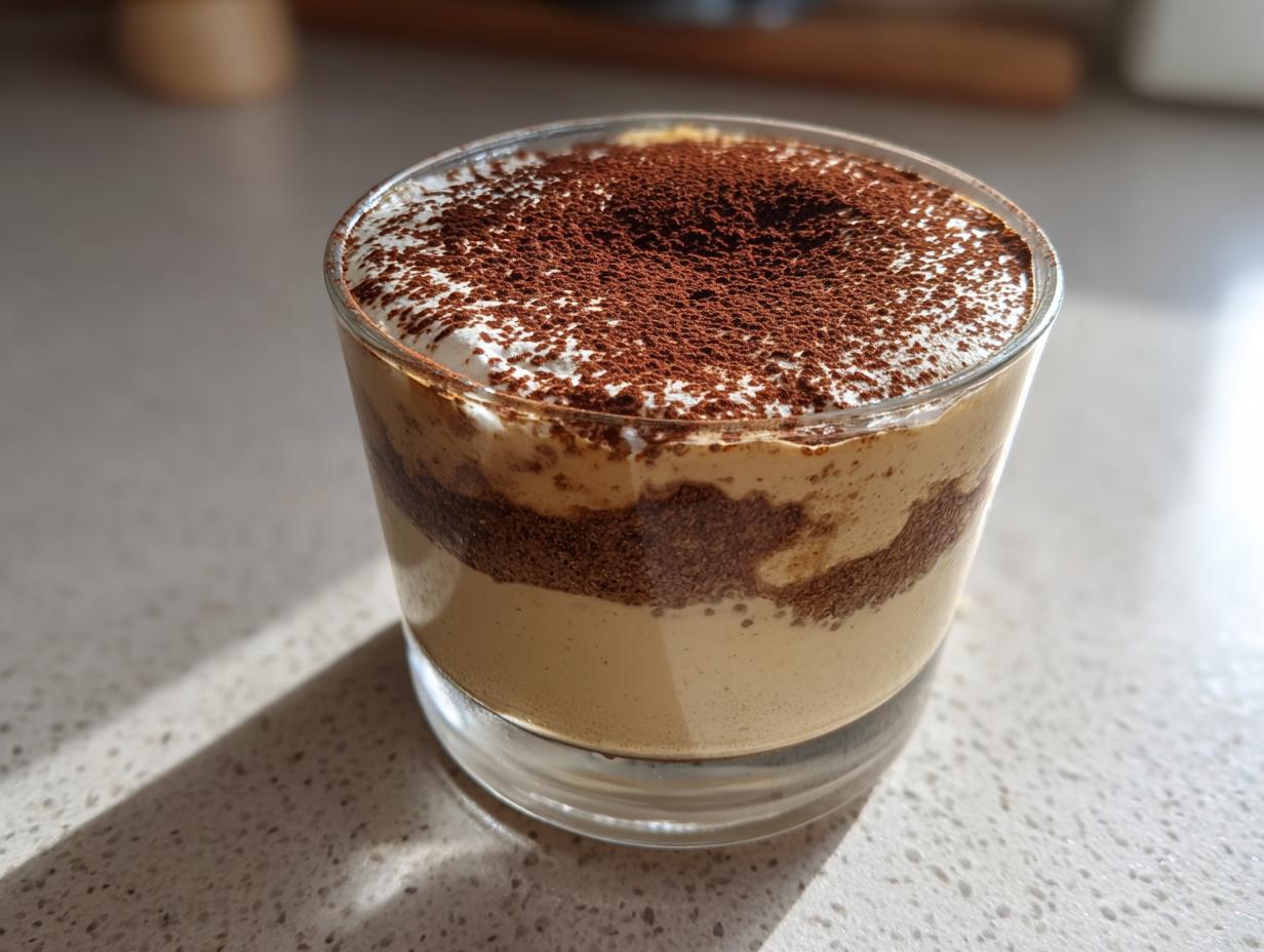 A close-up of a glass filled with Tiramisu Chia Pudding, topped with cocoa powder.