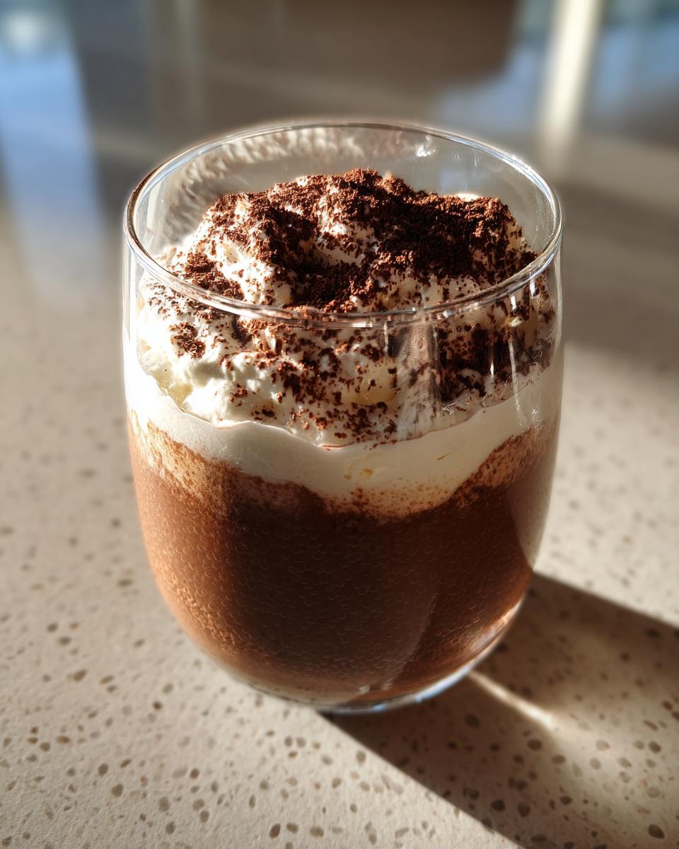A glass of Tiramisu Chia Pudding topped with whipped cream and dusted with cocoa powder.