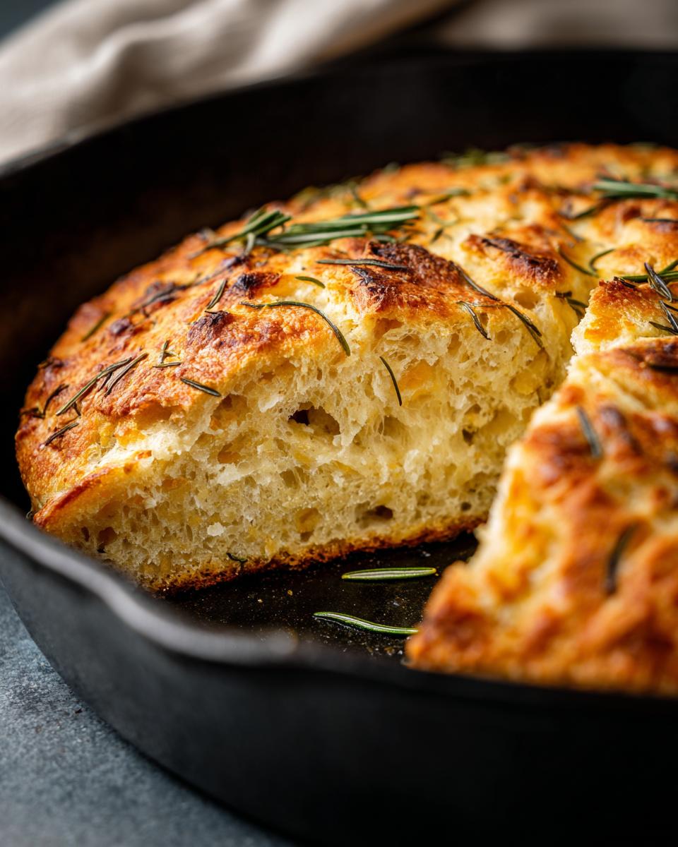 A close-up of a golden-brown whole wheat rosemary bread, sliced, in a cast iron skillet.