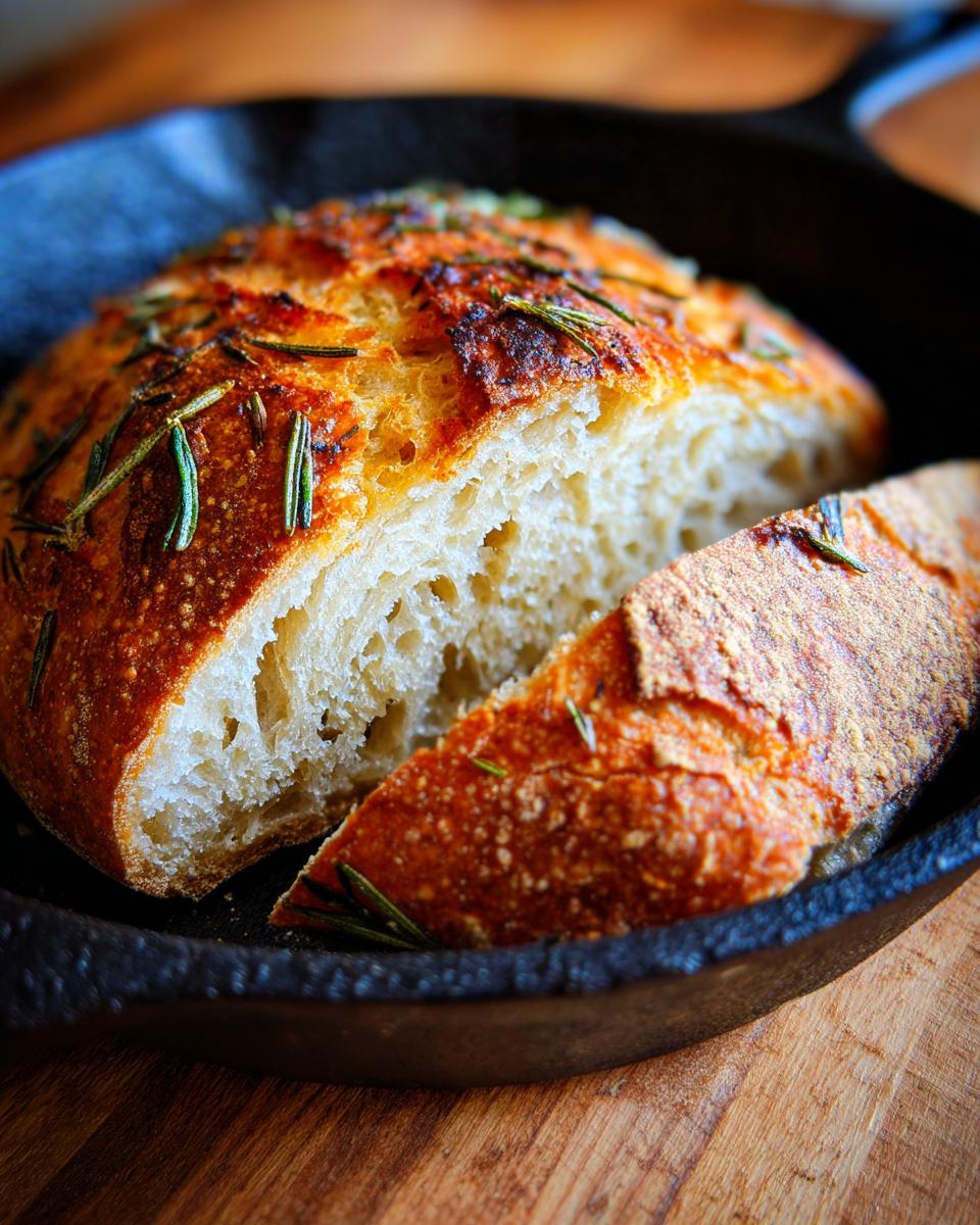 A freshly baked whole wheat rosemary bread loaf, partially sliced, in a cast iron skillet.