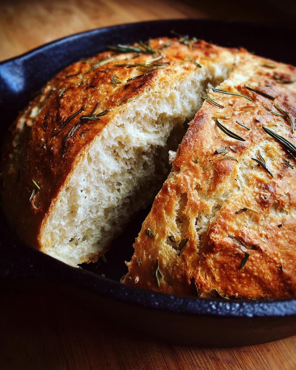 A close-up of a golden-brown whole wheat rosemary bread loaf, sliced open in a cast-iron skillet.